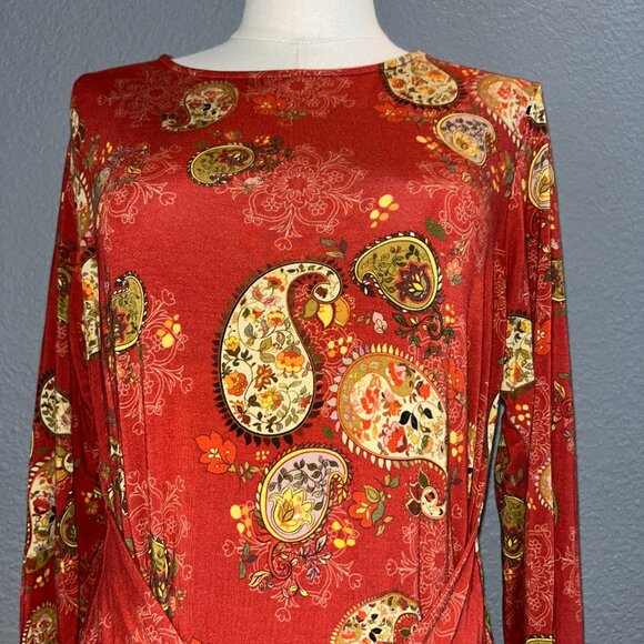 JOHNNY WAS PAISLEY PRINT DRESS STRETCH KNIT PULL OVER LONG SLEEVES SIDE SLITS -L - Picture 2 of 16